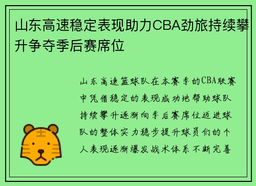 山东高速稳定表现助力CBA劲旅持续攀升争夺季后赛席位
